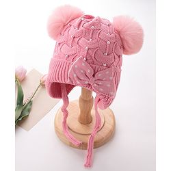 Babyhug Woollen Cap With Bow & Pompom - Pink