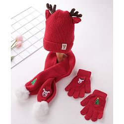 Babyhug Pom Pom Woolen Cap Gloves & Muffler Set Christmas Design - Red
