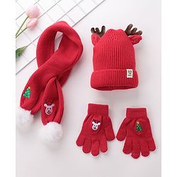 Babyhug Pom Pom Woolen Cap Gloves & Muffler Set Christmas Design - Red