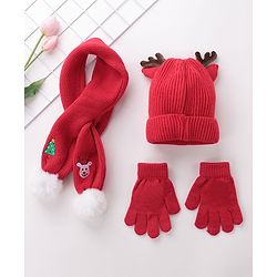 Babyhug Pom Pom Woolen Cap Gloves & Muffler Set Christmas Design - Red