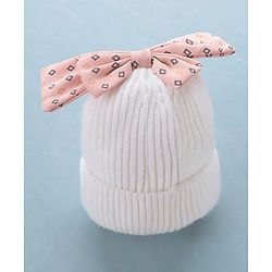 Babyhug Woollen Cap Bow Design Medium Size - White