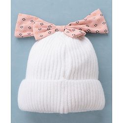 Babyhug Woollen Cap Bow Design Medium Size - White