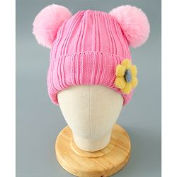 Babyhug Woollen Pom Pom Cap Floral Applique Medium Size - Pink