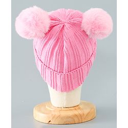 Babyhug Woollen Pom Pom Cap Floral Applique Medium Size - Pink