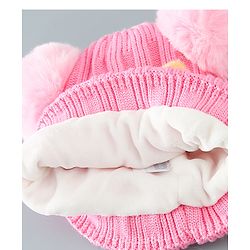 Babyhug Woollen Pom Pom Cap Floral Applique Medium Size - Pink