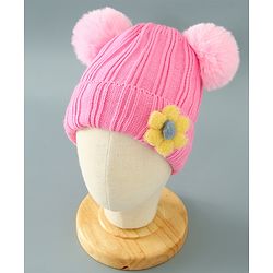 Babyhug Woollen Pom Pom Cap Floral Applique Medium Size - Pink