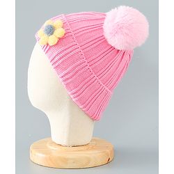 Babyhug Woollen Pom Pom Cap Floral Applique Medium Size - Pink