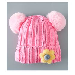 Babyhug Woollen Pom Pom Cap Floral Applique Medium Size - Pink
