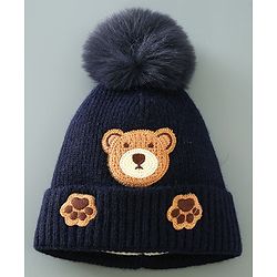 Babyhug Woollen Cap With Teddy Embroidery Blue - Diameter 10.5 cm
