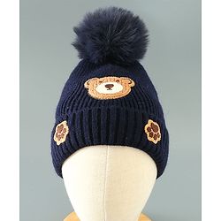 Babyhug Woollen Cap With Teddy Embroidery Blue - Diameter 10.5 cm