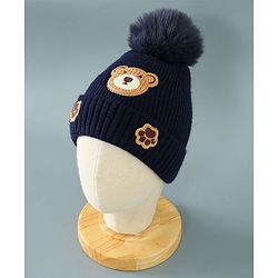 Babyhug Woollen Cap With Teddy Embroidery Blue - Diameter 10.5 cm
