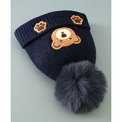 Babyhug Woollen Cap With Teddy Embroidery Blue - Diameter 10.5 cm
