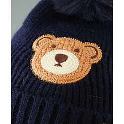 Babyhug Woollen Cap With Teddy Embroidery Blue - Diameter 10.5 cm
