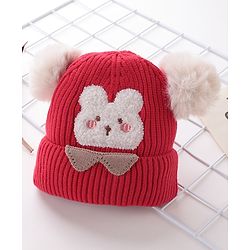 Babyhug Woollen Cap With Bear Face Applique - Red