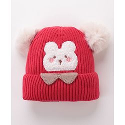 Babyhug Woollen Cap With Bear Face Applique - Red