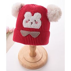 Babyhug Woollen Cap With Bear Face Applique - Red
