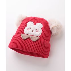 Babyhug Woollen Cap With Bear Face Applique - Red