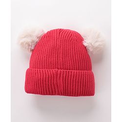 Babyhug Woollen Cap With Bear Face Applique - Red