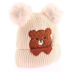 Babyhug Woollen Cap With Bear Face Applique - Beige