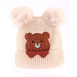 Babyhug Woollen Cap With Bear Face Applique - Beige
