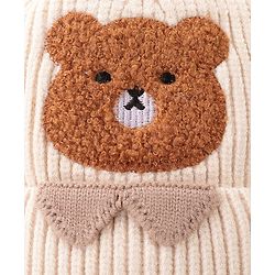 Babyhug Woollen Cap With Bear Face Applique - Beige