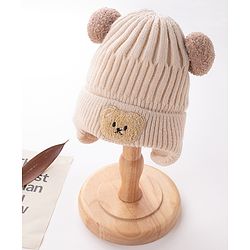 Babyhug Pom Pom Woolen Cap Bear Patch Design - Beige