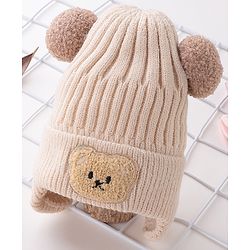 Babyhug Pom Pom Woolen Cap Bear Patch Design - Beige