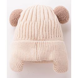 Babyhug Pom Pom Woolen Cap Bear Patch Design - Beige