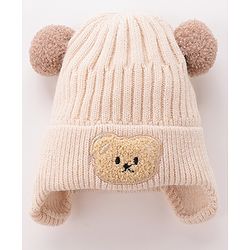 Babyhug Pom Pom Woolen Cap Bear Patch Design - Beige