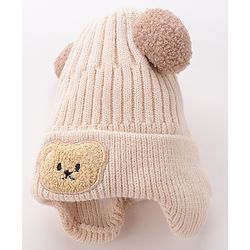 Babyhug Pom Pom Woolen Cap Bear Patch Design - Beige