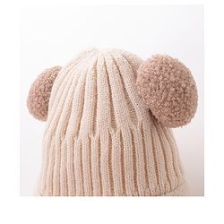 Babyhug Pom Pom Woolen Cap Bear Patch Design - Beige