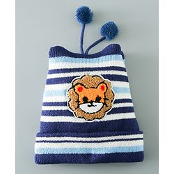 Babyhug Woollen Cap With Stripes & Lion Design - Multicolor