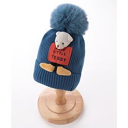 Babyhug Pom Pom Woollen Cap Teddy Applique - Blue
