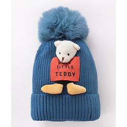 Babyhug Pom Pom Woollen Cap Teddy Applique - Blue