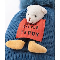 Babyhug Pom Pom Woollen Cap Teddy Applique - Blue