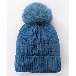 Babyhug Pom Pom Woollen Cap Teddy Applique - Blue