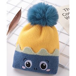 Babyhug Pom Pom Woolen Cap Cartoon Design - Blue & Yellow