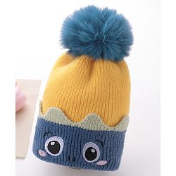 Babyhug Pom Pom Woolen Cap Cartoon Design - Blue & Yellow