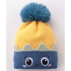 Babyhug Pom Pom Woolen Cap Cartoon Design - Blue & Yellow