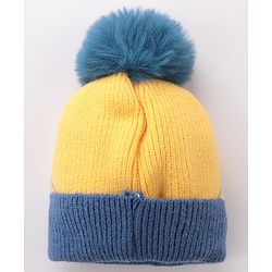 Babyhug Pom Pom Woolen Cap Cartoon Design - Blue & Yellow