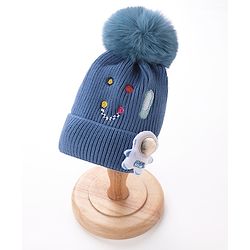 Babyhug Pom Pom Woollen Cap Smiley Embroidery - Blue