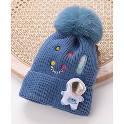 Babyhug Pom Pom Woollen Cap Smiley Embroidery - Blue