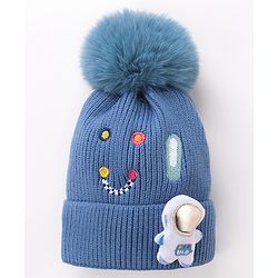 Babyhug Pom Pom Woollen Cap Smiley Embroidery - Blue
