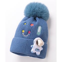 Babyhug Pom Pom Woollen Cap Smiley Embroidery - Blue