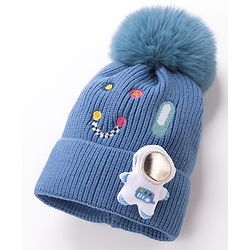 Babyhug Pom Pom Woollen Cap Smiley Embroidery - Blue