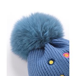 Babyhug Pom Pom Woollen Cap Smiley Embroidery - Blue