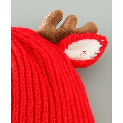 Babyhug Woollen Cap With Reindeer Design - Red