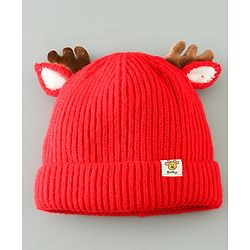 Babyhug Woollen Cap With Reindeer Design - Red