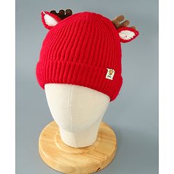 Babyhug Woollen Cap With Reindeer Design - Red