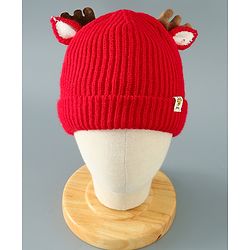 Babyhug Woollen Cap With Reindeer Design - Red